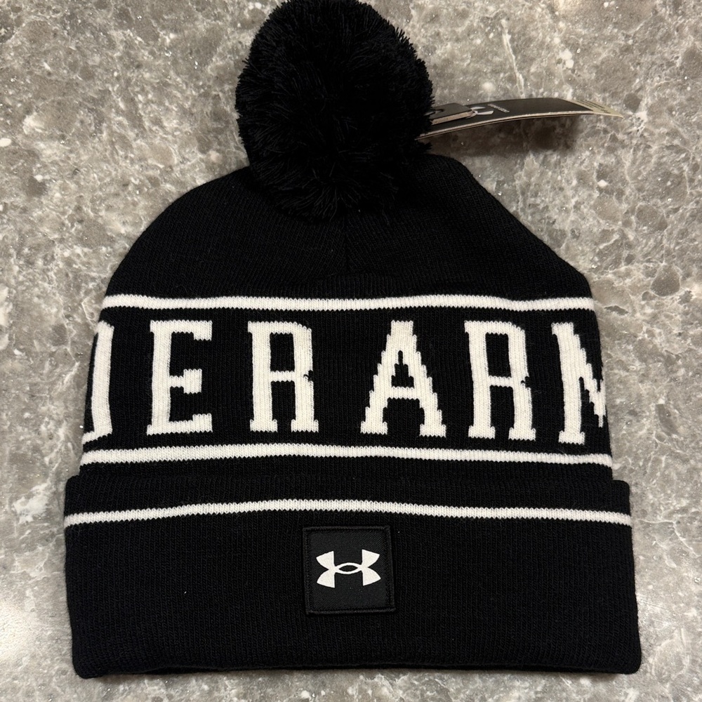 Under Armour Black and White Pom Beanie Hat